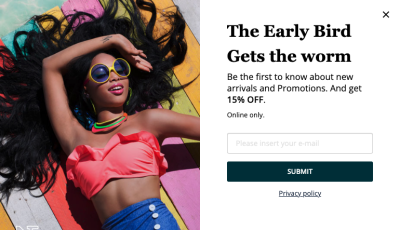 Voorbeeld van een pop-up formulier met een korting op de eerste aankoop.